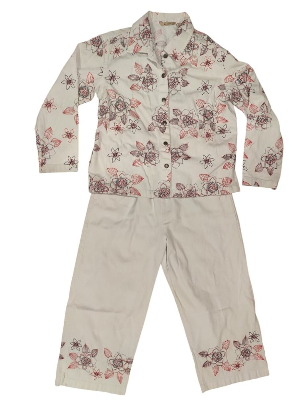 Bechamel Set Jacket & Capri Pants White with Red & Navy Flower Embroidery Medium